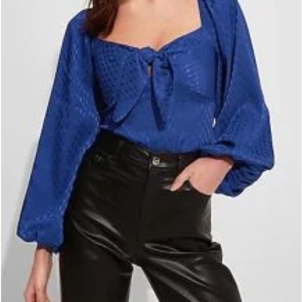 Chic Royal Blue [Express] Tie-Front Blouse with Voluminous Sleeves - Size XS.